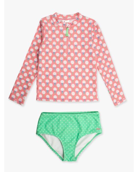 Pink Tee Time Girls Long Sleeve Zipper Rash Guard 2-Piece Swimsuit