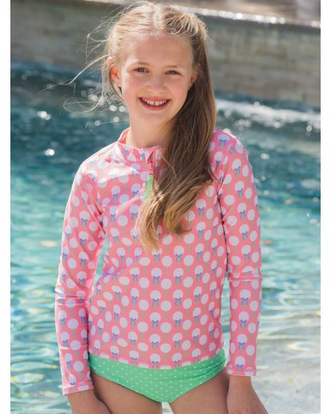 Pink Tee Time Girls Long Sleeve Zipper Rash Guard 2-Piece Swimsuit