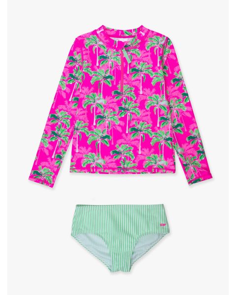 Neon Palm Paradise Long Sleeve Zipper Rash Guard 2-Piece Swimsuit