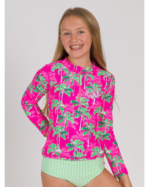 Neon Palm Paradise Long Sleeve Zipper Rash Guard 2-Piece Swimsuit