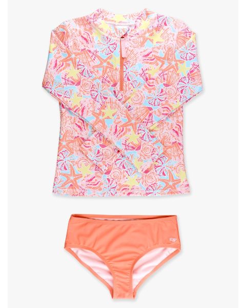 Sunset Seashells Long Sleeve Zipper Rash Guard 2-Piece Swimsuit
