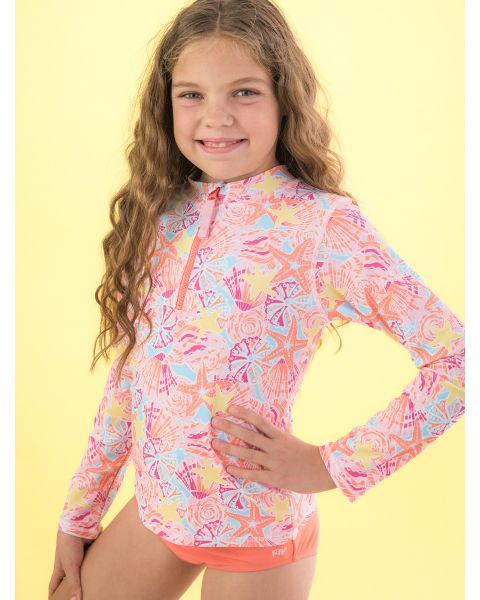 Sunset Seashells Long Sleeve Zipper Rash Guard 2-Piece Swimsuit