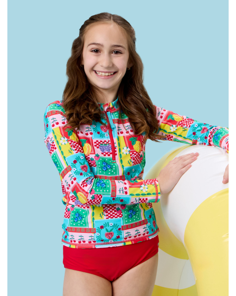 Picnic Party Long Sleeve Zipper Rash Guard 2-Piece Swimsuit
