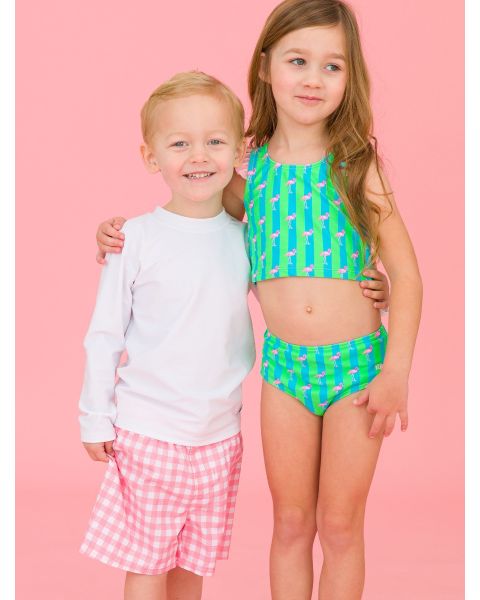 Neon Flamingo Stripe Girls Racerback Flutter Tankini