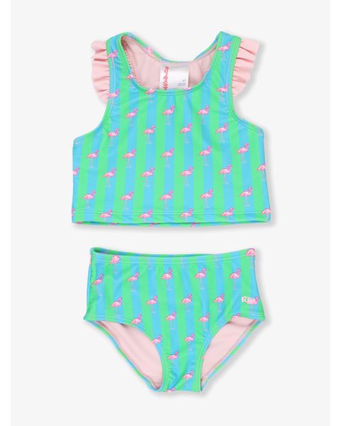 Neon Flamingo Stripe Girls Racerback Flutter Tankini