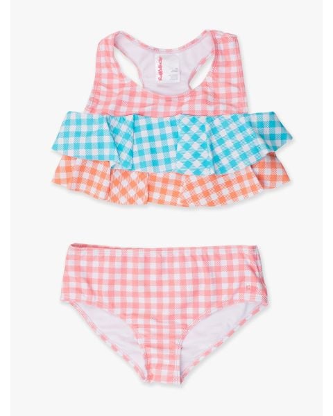 Seaside Gingham Color Block Girls Flounce Bikini