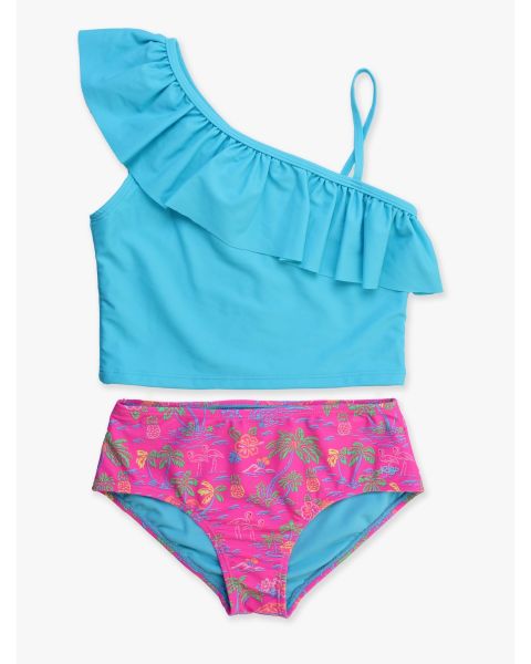 Neon Island Time Girls One Shoulder Ruffle Tankini