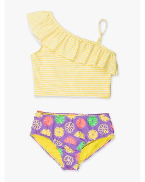 Neon Purple Citrus Girls One Shoulder Ruffle Tankini