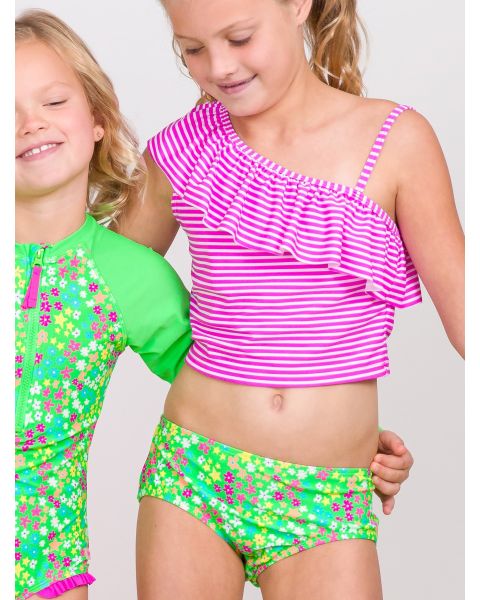Neon Floral Girls One Shoulder Ruffle Tankini