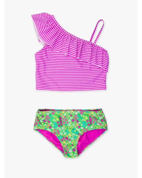 Neon Floral Girls One Shoulder Ruffle Tankini