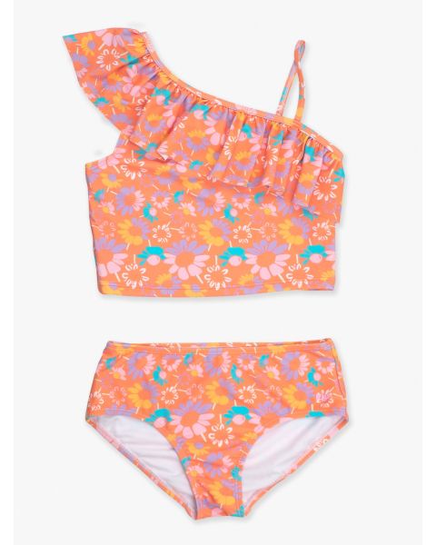 Coral Floral Girls One Shoulder Ruffle Tankini