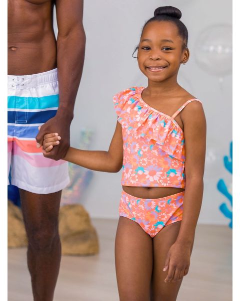 Coral Floral Girls One Shoulder Ruffle Tankini