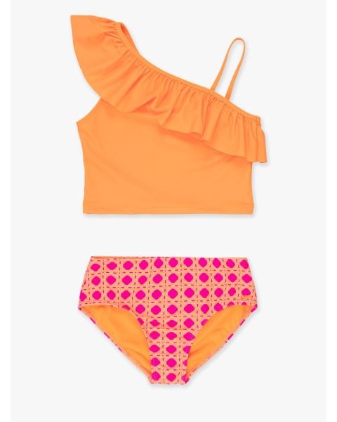 Neon Sherbet Cane One Shoulder Ruffle Tankini 2-Piece Swimsuit