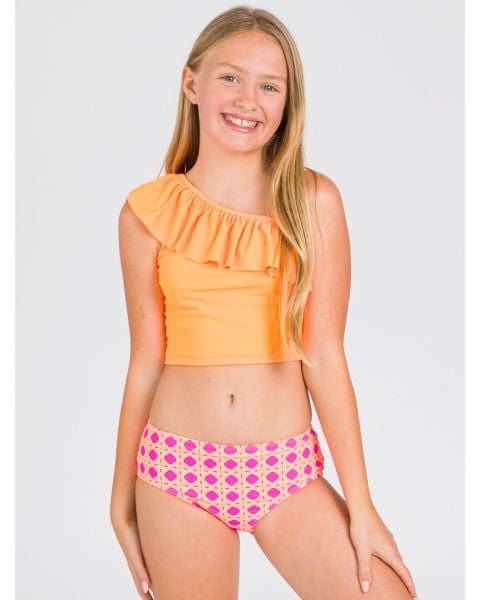 Neon Sherbet Cane One Shoulder Ruffle Tankini 2-Piece Swimsuit