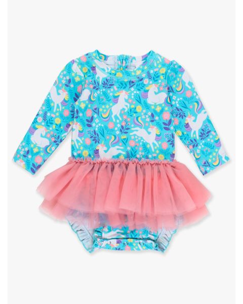 Bright Aqua Unicorn Meadow Tulle Skirted One Piece Rash Guard Swimsuit