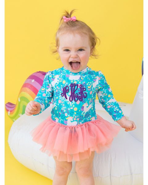 Bright Aqua Unicorn Meadow Tulle Skirted One Piece Rash Guard Swimsuit