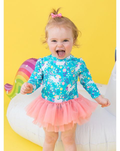 Bright Aqua Unicorn Meadow Tulle Skirted One Piece Rash Guard Swimsuit