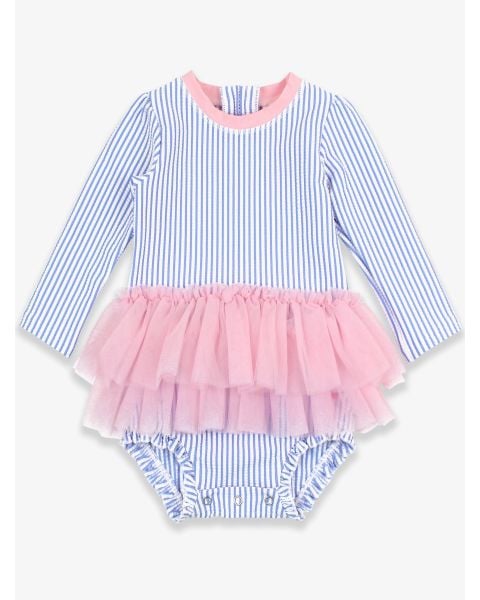 Periwinkle Blue Seersucker Tulle Skirted One Piece Rash Guard