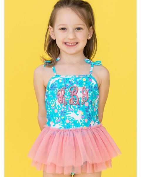 Bright Aqua Unicorn Meadow Tulle Skirted One Piece Swimsuit