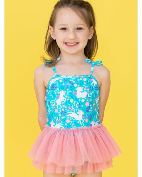 Bright Aqua Unicorn Meadow Tulle Skirted One Piece Swimsuit