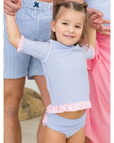Periwinkle Blue Seersucker Short Sleeve Ruffle Rash Guard Bikini