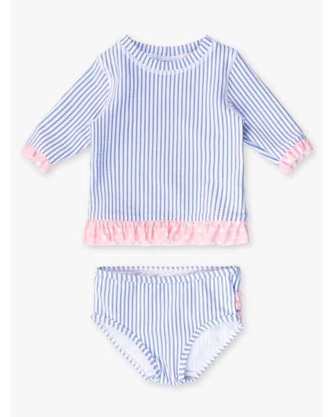 Periwinkle Blue Seersucker Short Sleeve Ruffle Rash Guard Bikini