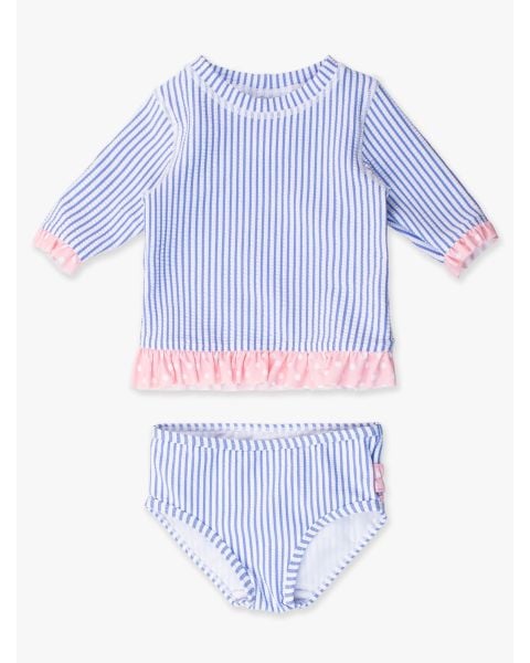 Periwinkle Blue Seersucker Short Sleeve Ruffle Rash Guard Bikini