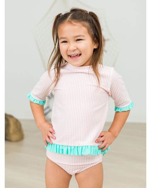Pink Seersucker Short Sleeve Ruffle Rash Guard Bikini