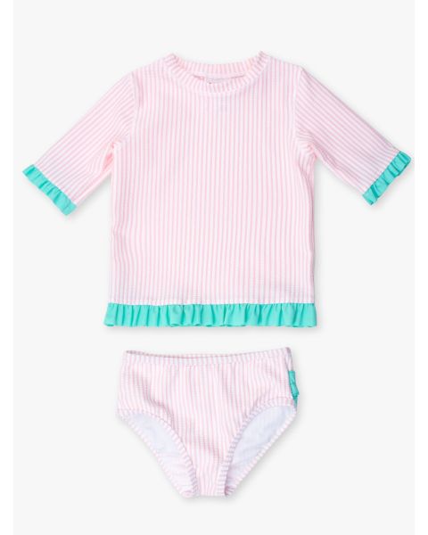 Pink Seersucker Short Sleeve Ruffle Rash Guard Bikini