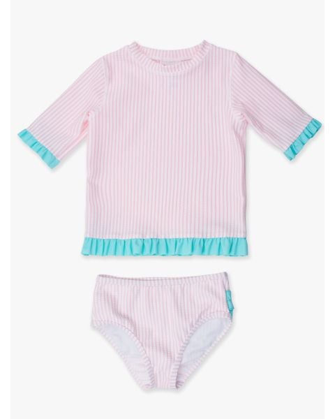 Pink Seersucker Short Sleeve Ruffle Rash Guard Bikini
