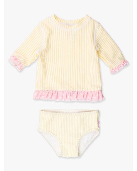 Banana Seersucker Short Sleeve Ruffle Rash Guard Bikini