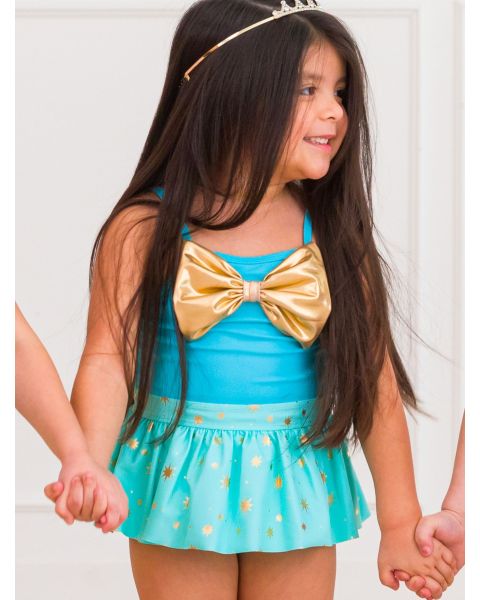 Teal Golden Princess Big Bow Skirted One Piece Swimsuit