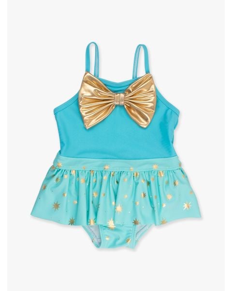 Teal Golden Princess Big Bow Skirted One Piece Swimsuit