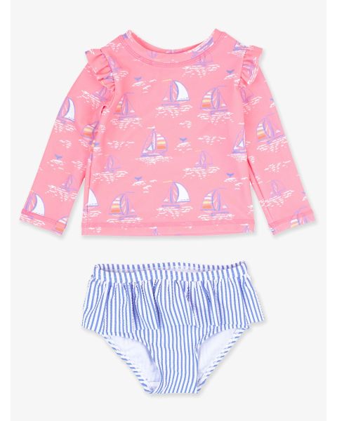 Pink Seas the Day Skirted Flutter Long Sleeve Rash Guard Bikini