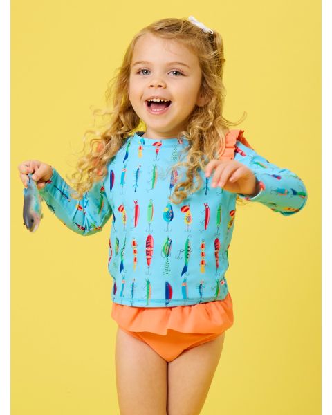 Gone Fishin Flutter Long Sleeve Rash Guard Skirted 2-Piece Swimsuit