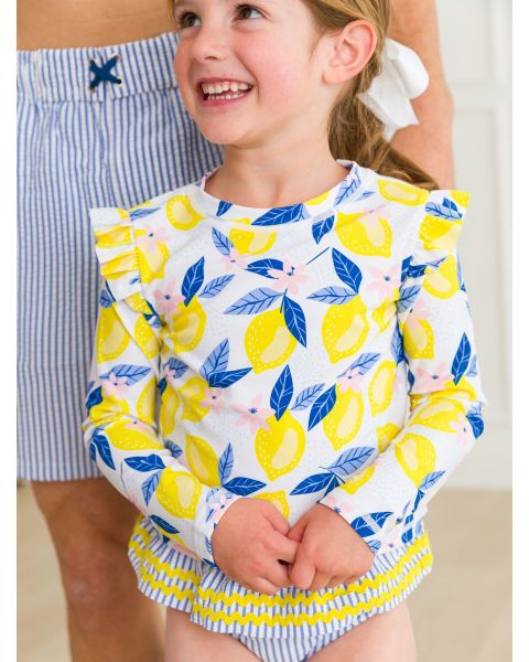 Lemon Capri Flutter Long Sleeve Rash Guard Skirted 2-Piece Swimsuit