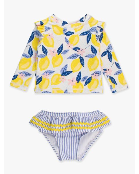 Lemon Capri Flutter Long Sleeve Rash Guard Skirted 2-Piece Swimsuit