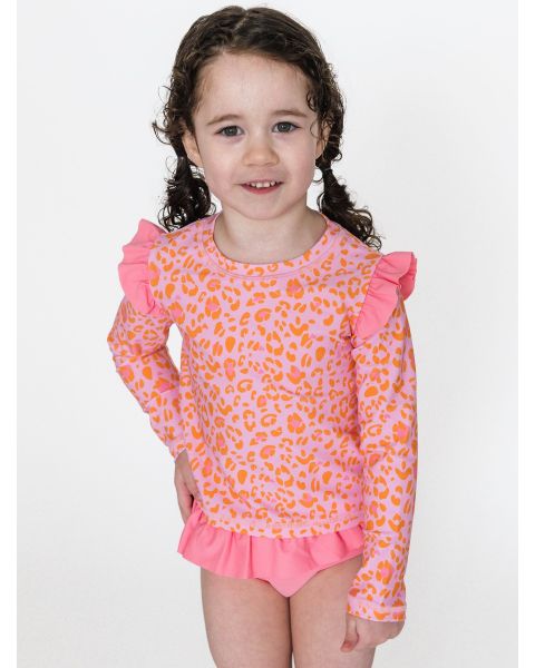 Pink Leopard Flutter Long Sleeve Rash Guard Skirted 2-Piece Swimsuit