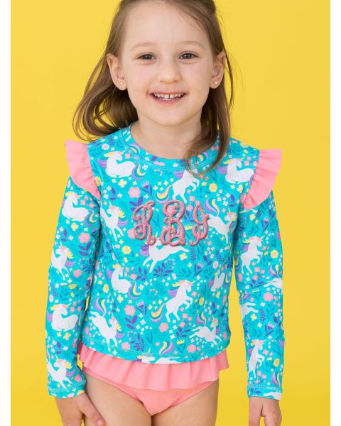 Bright Aqua Unicorn Meadow Flutter Long Sleeve Rash Guard Skirted 2-Piece Swimsuit