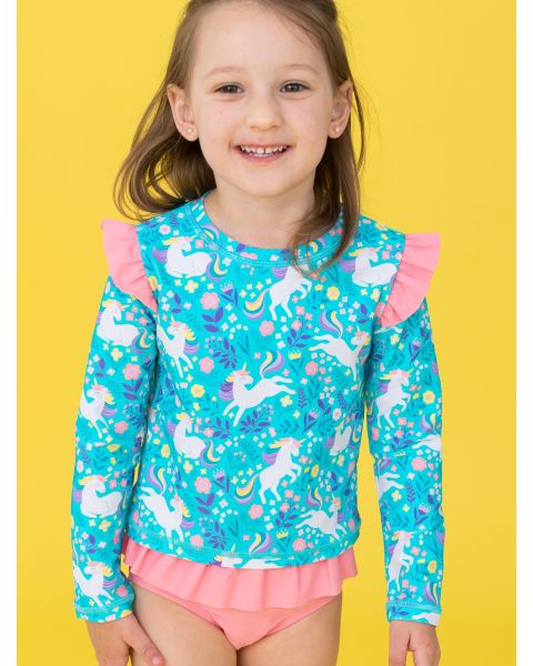 Bright Aqua Unicorn Meadow Flutter Long Sleeve Rash Guard Skirted 2-Piece Swimsuit
