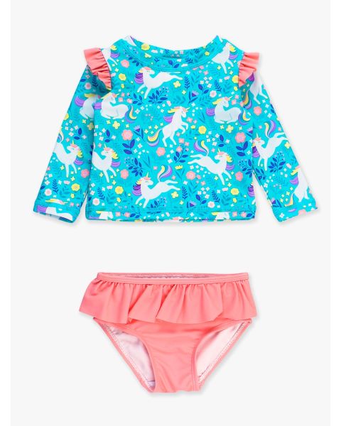 Bright Aqua Unicorn Meadow Flutter Long Sleeve Rash Guard Skirted 2-Piece Swimsuit