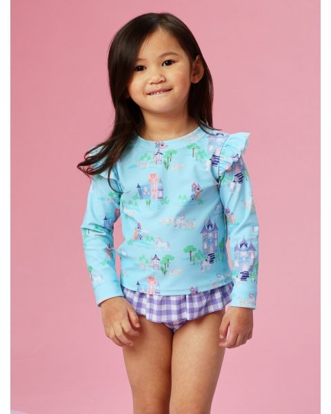 Once Upon a Castle Flutter Long Sleeve Rash Guard Skirted 2-Piece Swimsuit