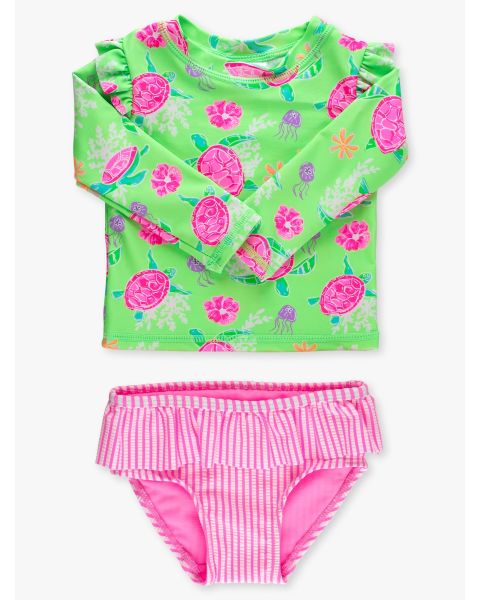 Neon Turtle Tide Flutter Long Sleeve Rash Guard Skirted 2-Piece Swimsuit