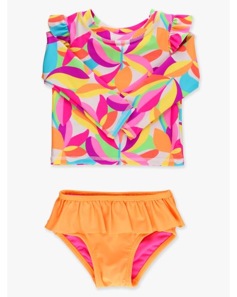 Neon Tropical Adventure Flutter Long Sleeve Rash Guard Skirted 2-Piece Swimsuit