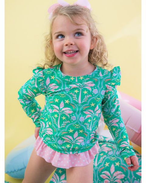Coconut Cabana Flutter Long Sleeve Rash Guard Skirted 2-Piece Swimsuit