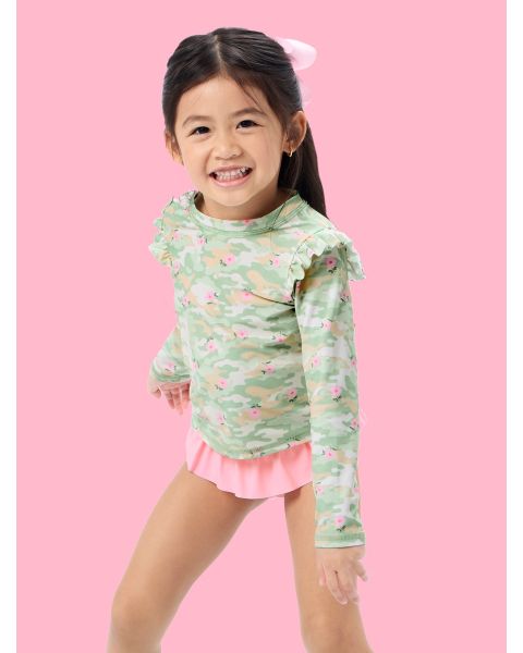 Sage Blossom Camo Flutter Long Sleeve Rash Guard Skirted 2-Piece Swimsuit
