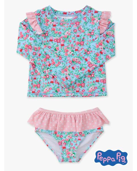 Blue Floral Peppa Pig Flutter Long Sleeve Rash Guard Skirted 2-Piece Swimsuit