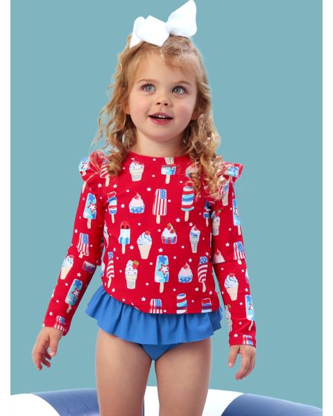 Stars & Scoops Flutter Long Sleeve Rash Guard Skirted 2-Piece Swimsuit