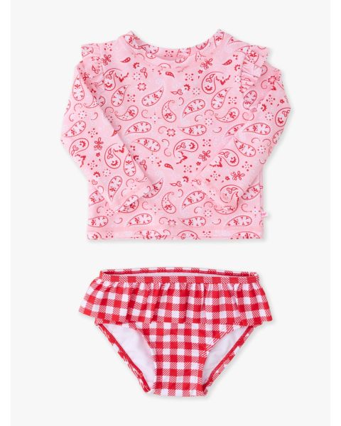 Pink Bandana Flutter Long Sleeve Rash Guard Skirted 2-Piece Swimsuit
