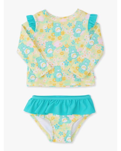 Banana Floral Care Bears Flutter Long Sleeve Rash Guard Skirted 2-Piece Swimsuit